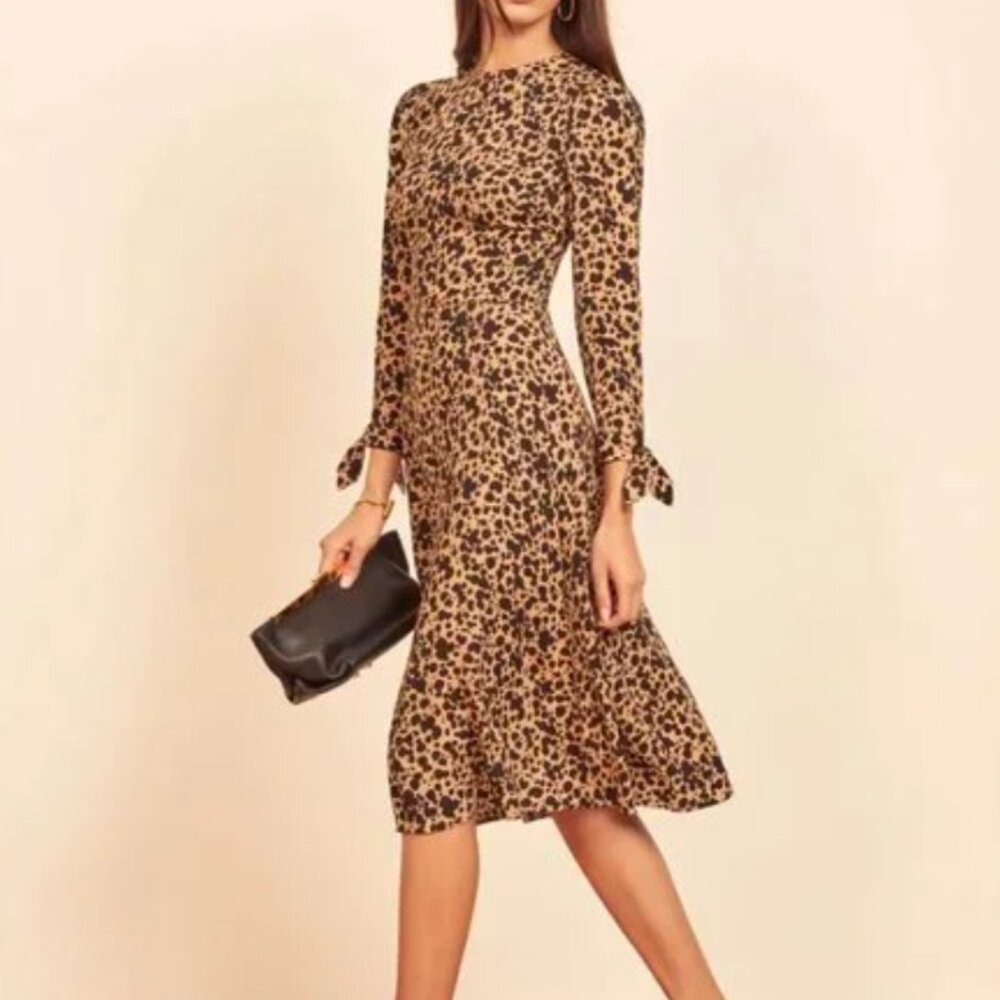 Reformation Port Dress Tan Animal Print Midi Long Sleeves, Size 4